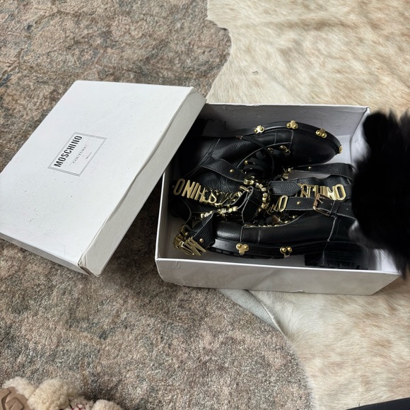 Moschino Black Leather Ankle Boots with Gold Accents - Picture 3 of 5